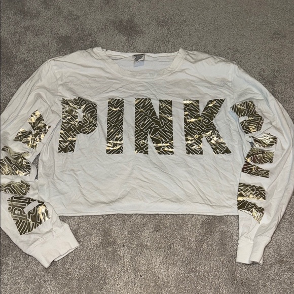 PINK Victoria's Secret White Crop Top with Gold Accents - Picture 1 of 4